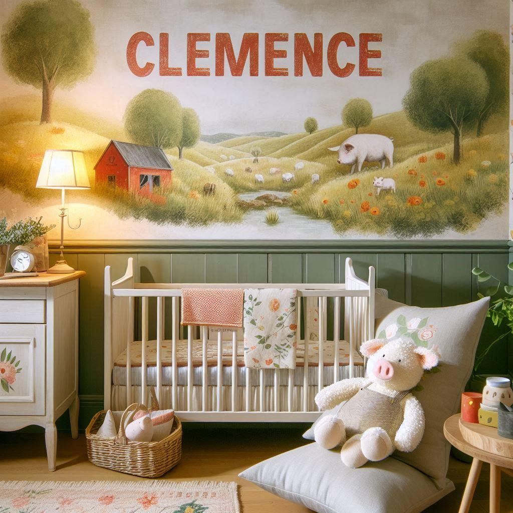 Decoration de chambre de petite garcon avec le prenom clemence ecrit en francais sur un coussin avec un lit berceau papier peint delave theme animaux de la ferme ciel de lit couleu