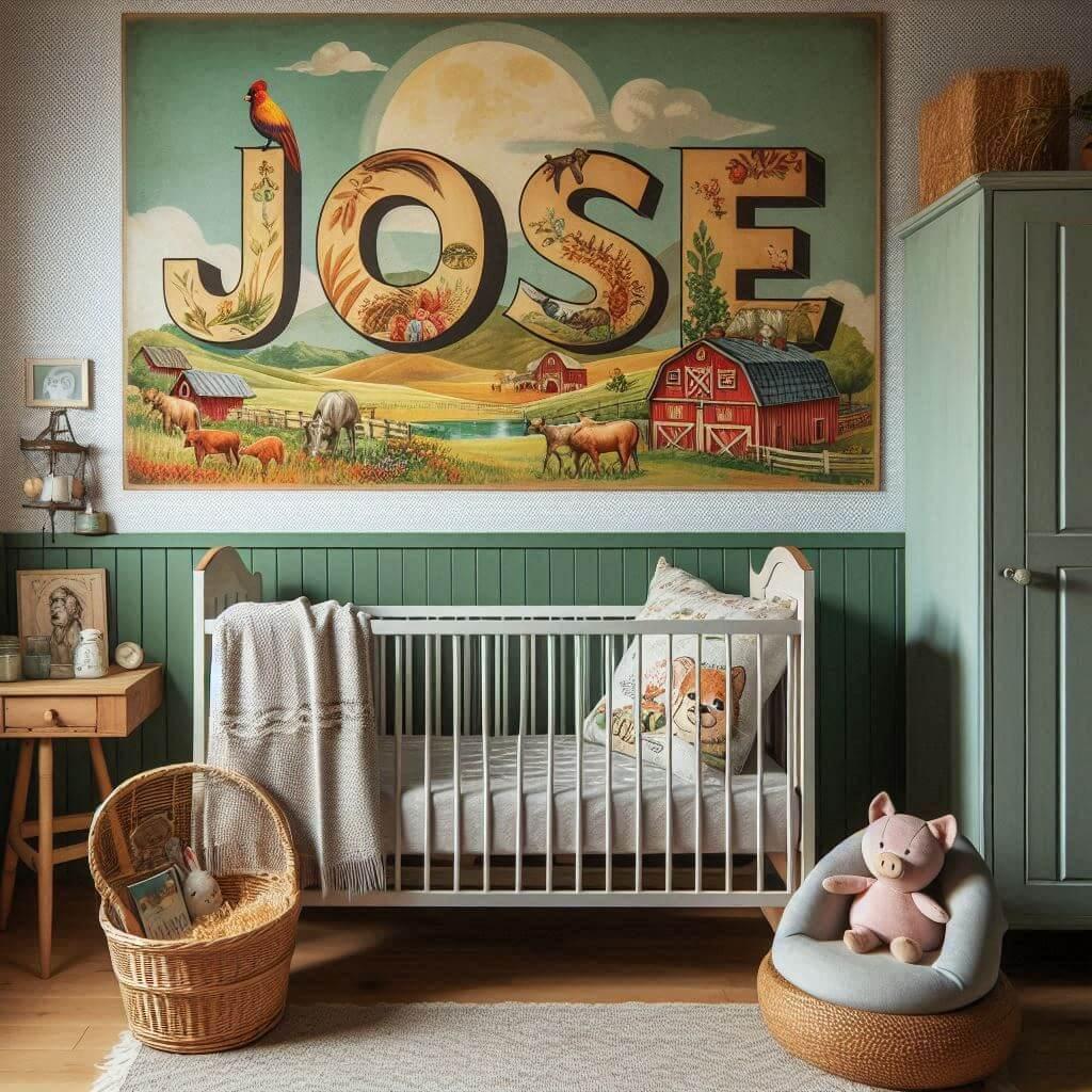 Decoration de chambre de petite garcon avec le prenom jose ecrit sur un coussin avec un lit berceau papier peint delave theme animaux de la ferme ciel de lit couleur vert jaune rou