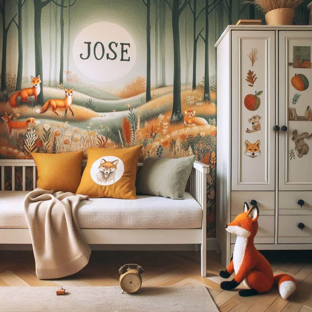 Decoration de chambre de petite garcon avec le prenom jose ecrit sur un coussin avec un lit simple papier peint delave theme animaux de la foret poetique ciel de lit couleur orange