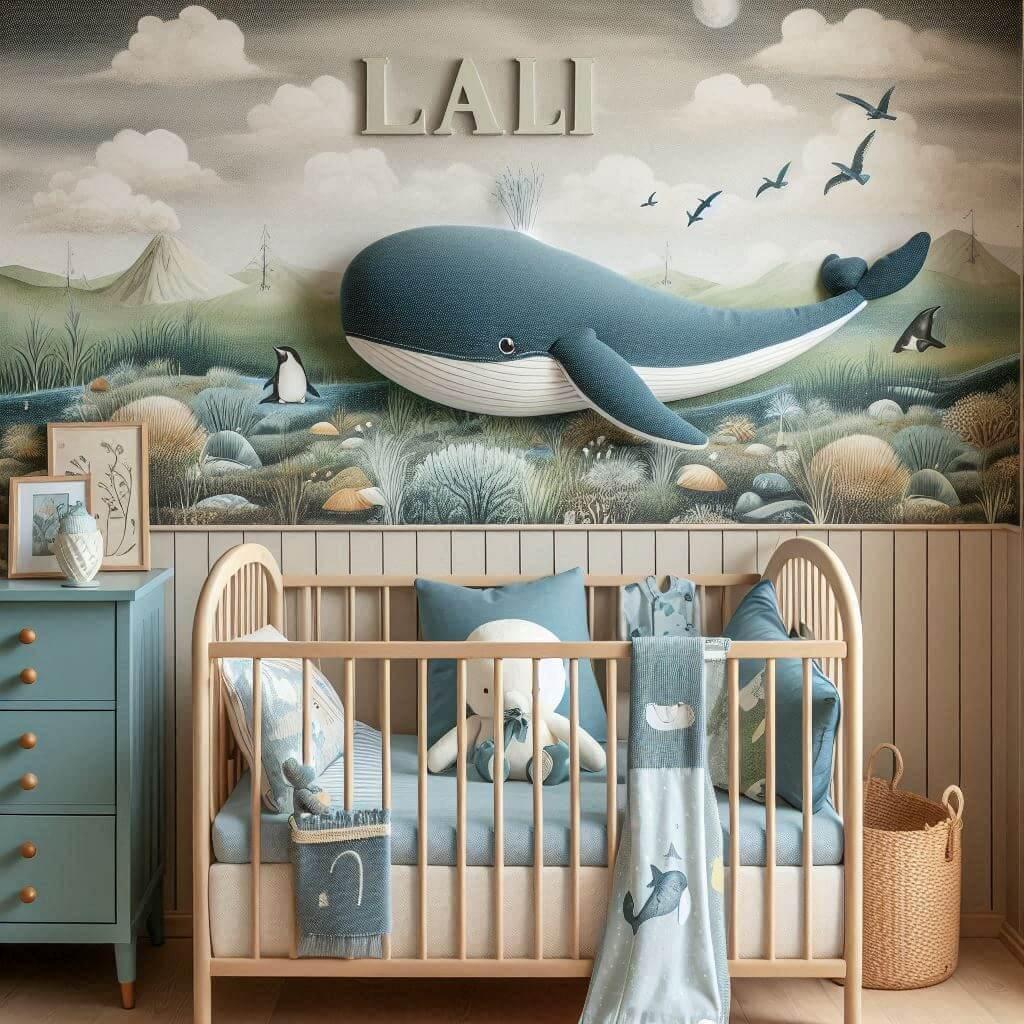 Decoration de chambre de petite fille avec le prenom lali ecrit en francais sur un coussin avec un lit berceau papier peint delave theme animaux de la mer ciel de lit couleur bleu