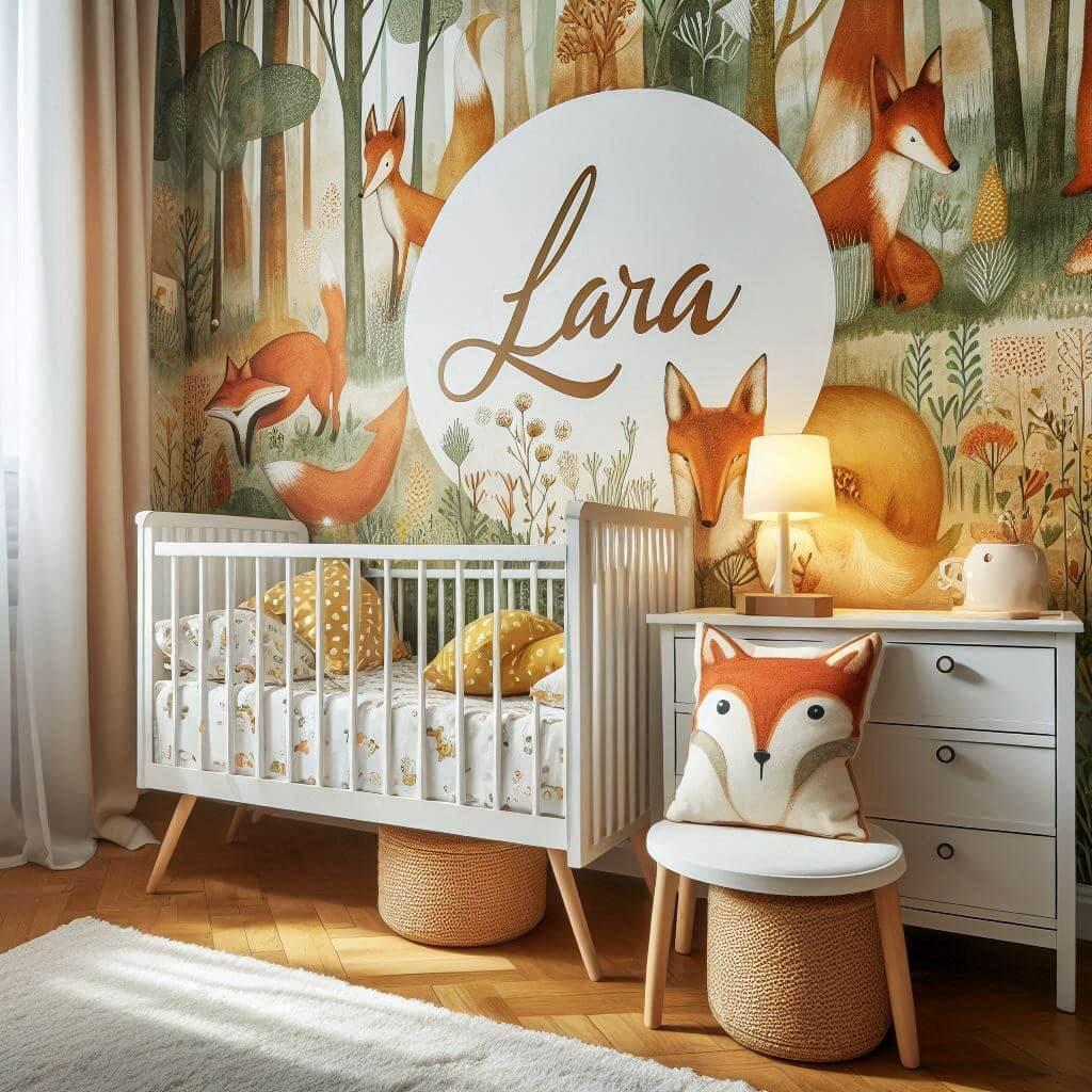 Decoration de chambre de petite garcon avec le prenom lara ecrit sur un coussin avec un lit simple papier peint delave theme animaux de la foret poetique ciel de lit couleur orange