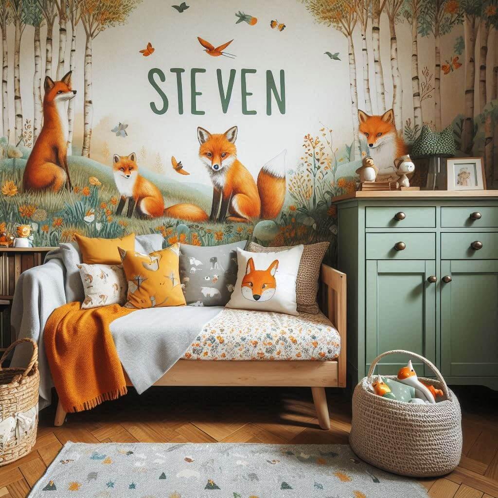 Decoration de chambre de petite garcon avec le prenom steven ecrit sur un coussin avec un lit simple papier peint delave theme animaux de la foret poetique ciel de lit couleur oran