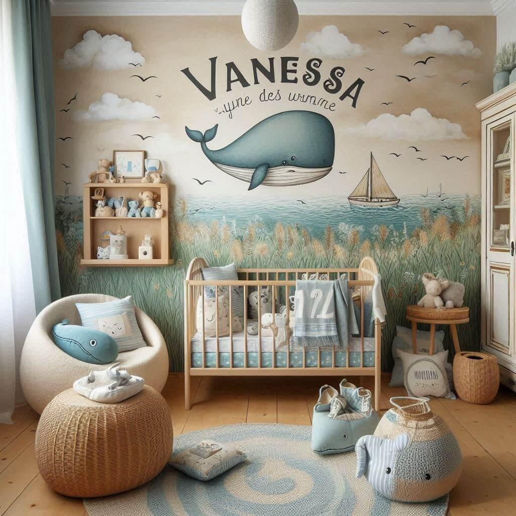 Decoration de chambre de petite garcon avec le prenom vanessa ecrit en francais sur un coussin avec un lit berceau papier peint delave theme animaux de la mer ciel de lit couleur b