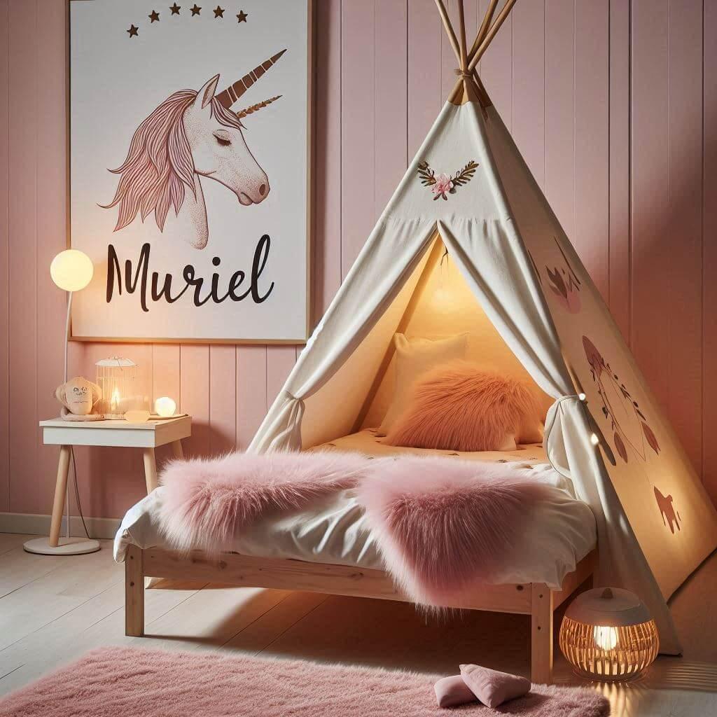 Decoration de chambre denfant sur le theme licorne avec un lit cabane nomme muriel un tipi couleur rose poudre beige un tapis fourure rose nuit le prenom muriel est ecrit sur une a