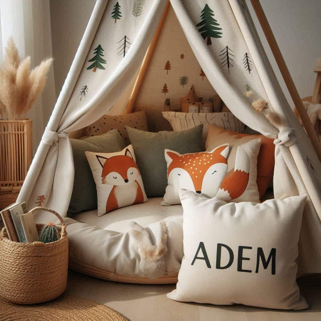 Decoration de chambre enfant theme animaux de la foret coussin personnalise avec le prenom adem