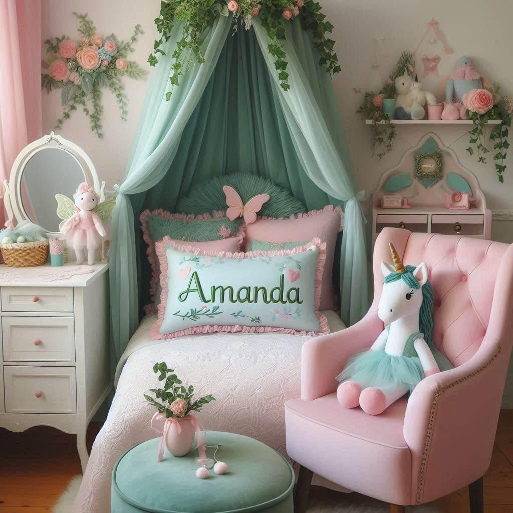 Decoration de chambre fille theme princesse rose et vert d eau prenom amanda