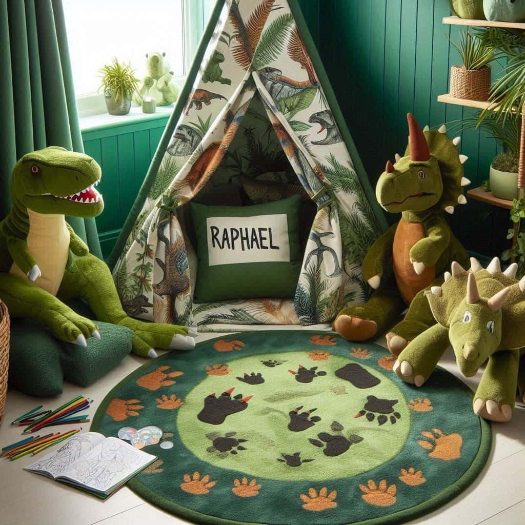 Decoration de chambre pour petit garcon theme dinosaure avec tipi et peluches de dinosaures prenom raphael