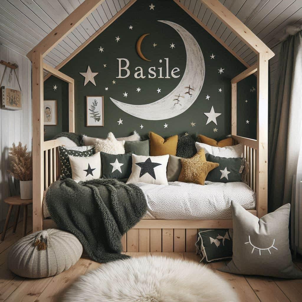 Decoration de chambre style lit chalet personnalise avec le prenom basile