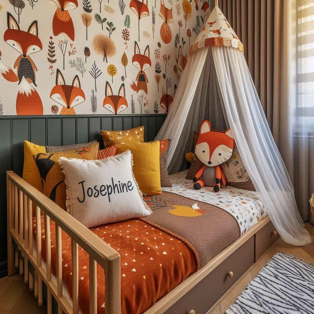 Decoration de chambre tendance 2025 theme renard couleurs naturelles ciel de lit personnalise avec le prenom josephine