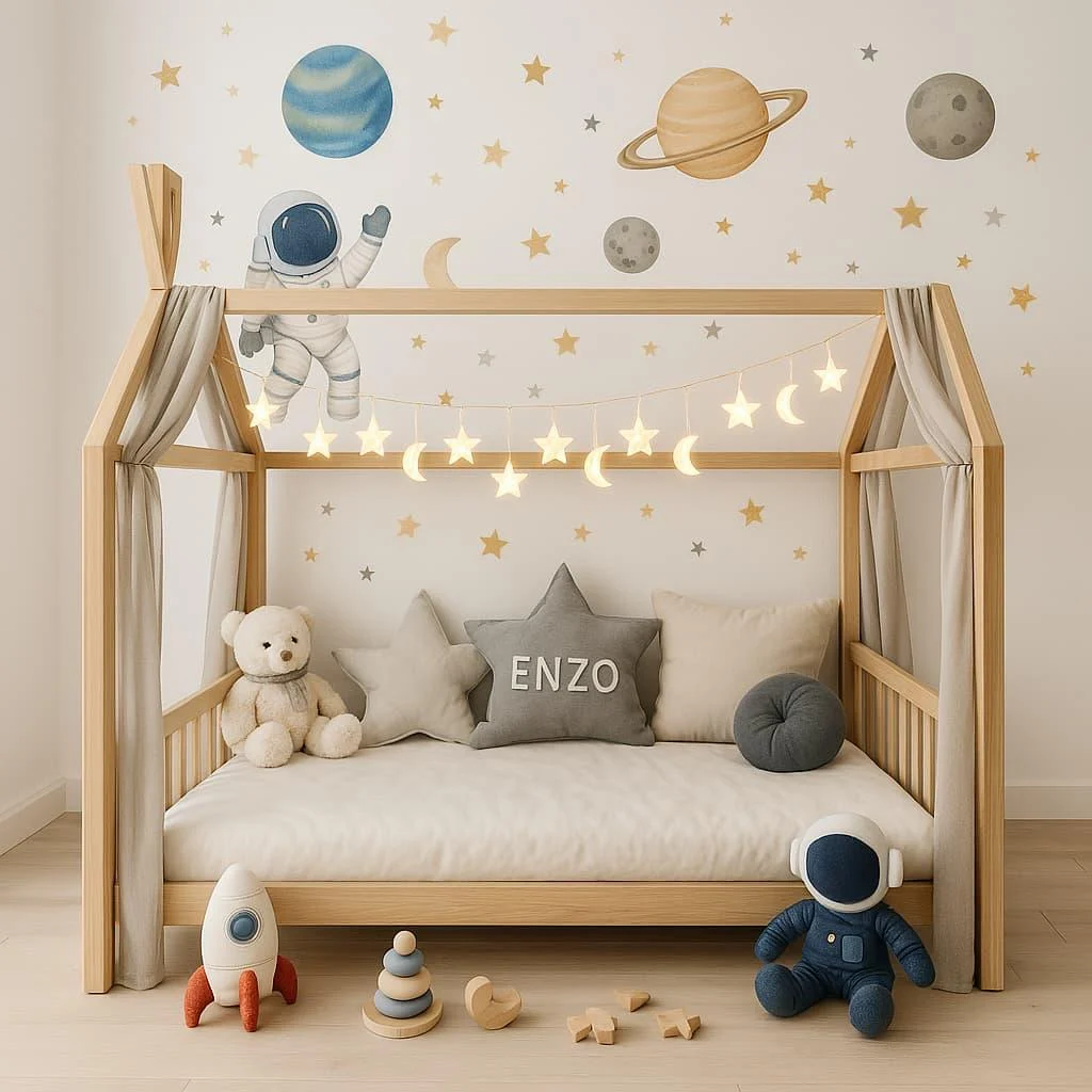 Decoration de chambre theme astronaute avec lit cabane prenom enzo