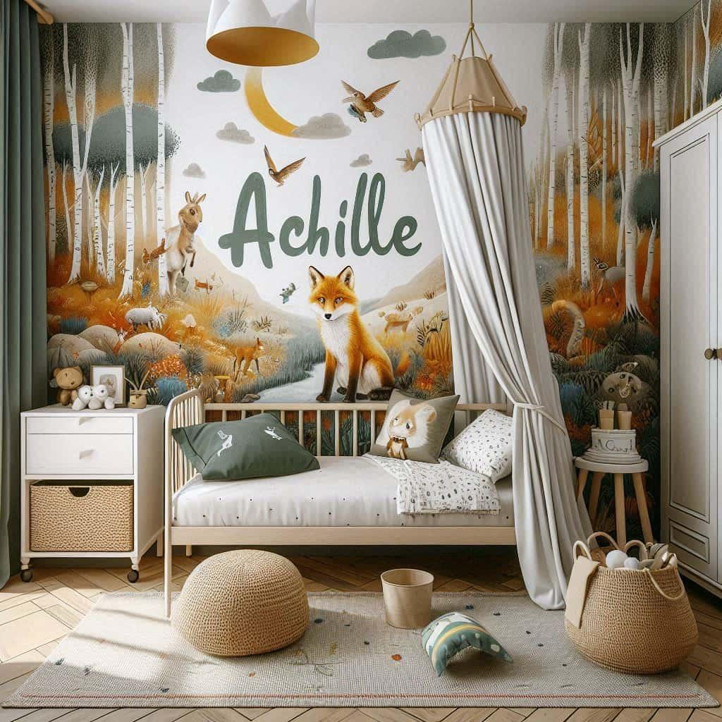 Decoration de chambre vintage renard pour enfant avec le prenom achille