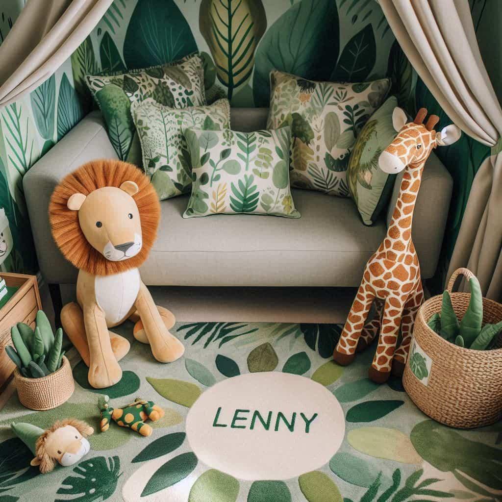 Decoration enfant theme de la junglz personnalise avec des coussins feuilles peluche lion peluche girafe prenom lenny
