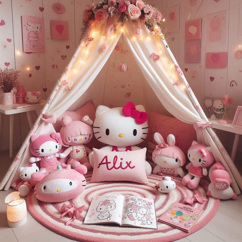 Decoration hello kitty pour coin lecture de chambre pour petite princesse prenom alix