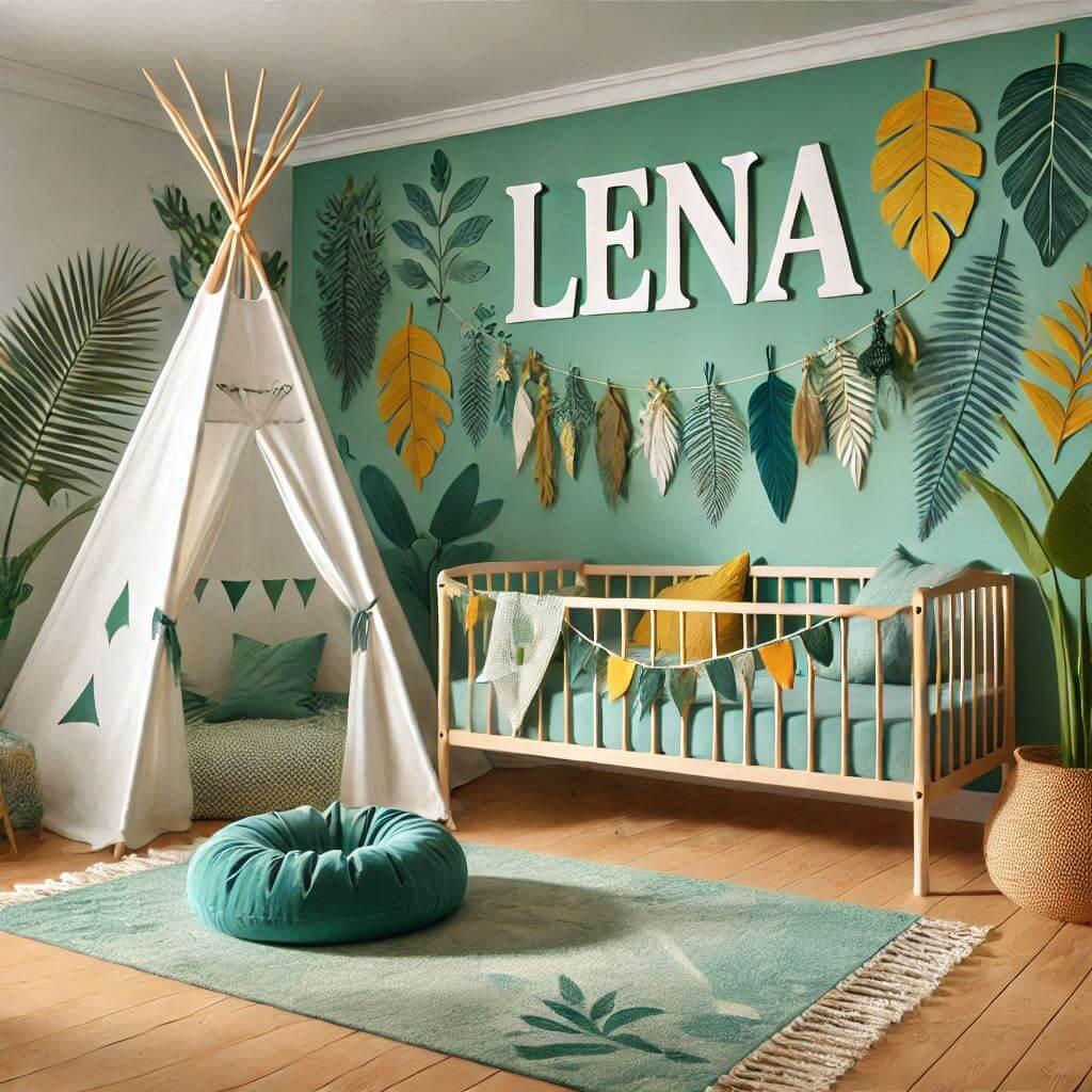Decoration realiste de chambre de bebe personnalisee avec le prenom lena theme jungle tropicale palette de couleurs vert foret jaune ensoleille bleu turquoise accents en bois natur