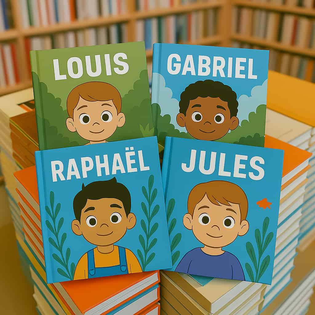 Des livres personnalises pour enfant avec les prenoms louis gabriel raphael jules couches sur d autres livres dans une librairie