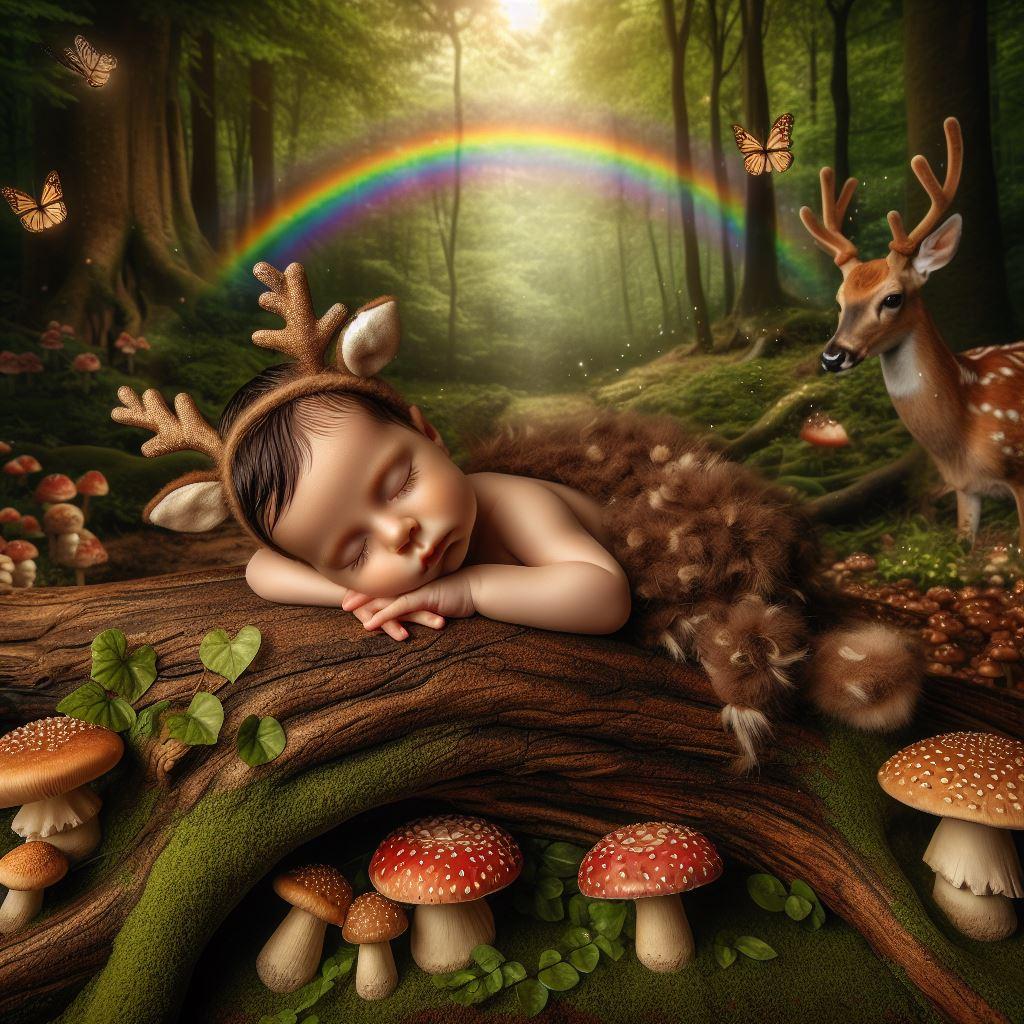 Magnifique petit bébé habillé en faon endormi sur son rondin de bois dans une foret enchantée avec des champignons