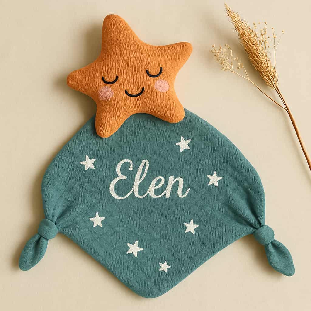 Doudou étoile de mer personnalisé avec le prénom Elen, thème mer