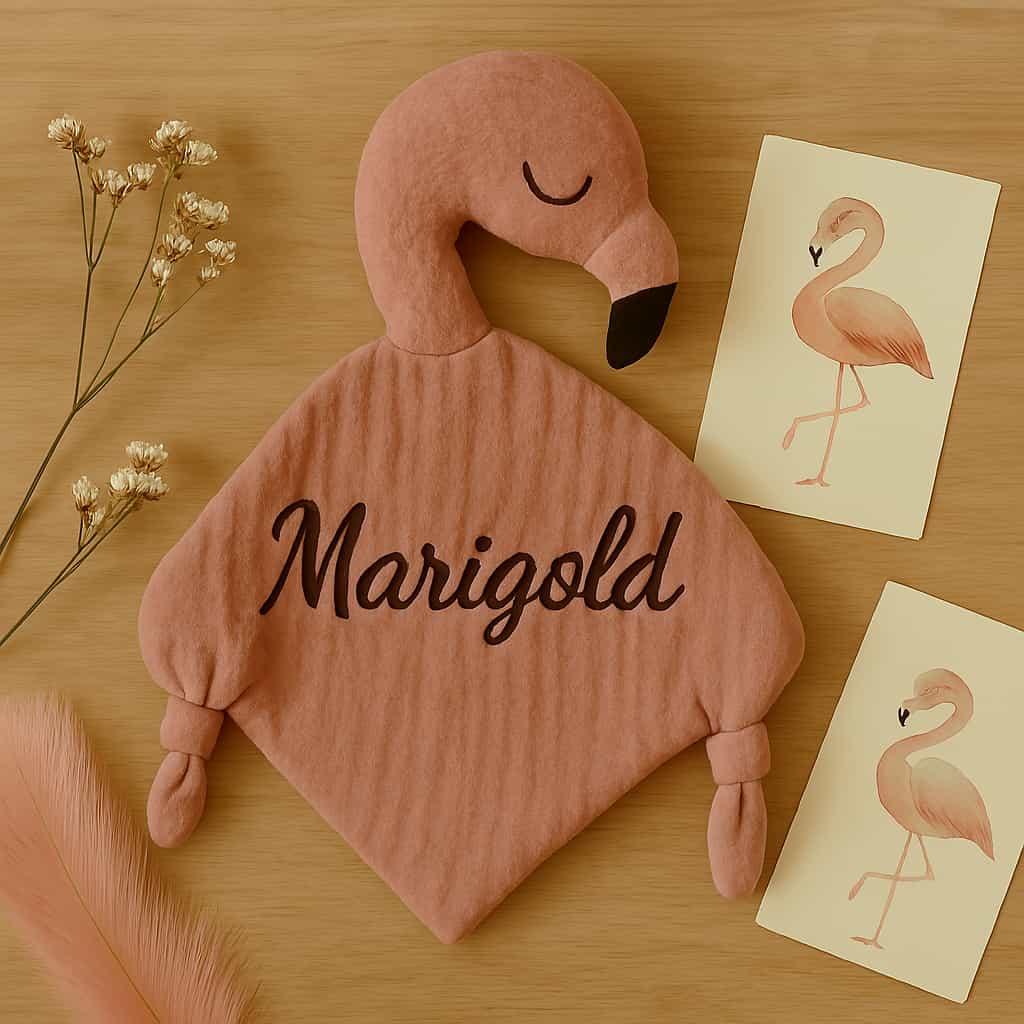 Doudou flamant rose personnalisé prénom Marigold couleur vieux rose
