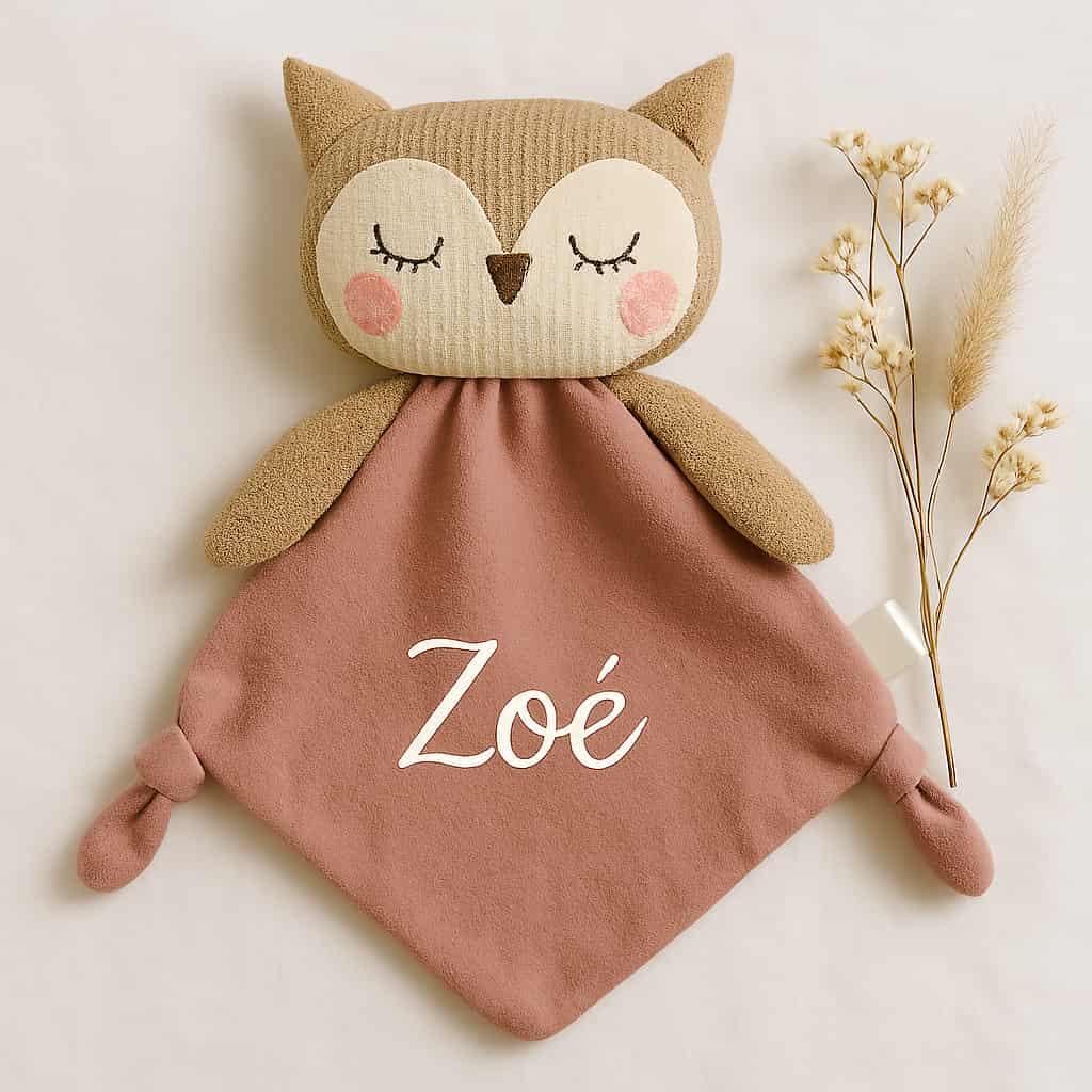 Doudou hibou personnalisé avec le prénom zoé couleur tendance vieux rose et beige joues roses