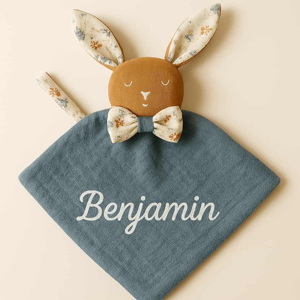 Doudou lapin fait main personnalisé avec le prénom Benjamin dans des tons bleu et beige