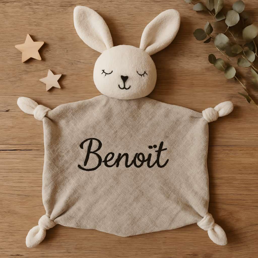 Doudou lapin personnalisé avec le prénom Benoît couleur beige