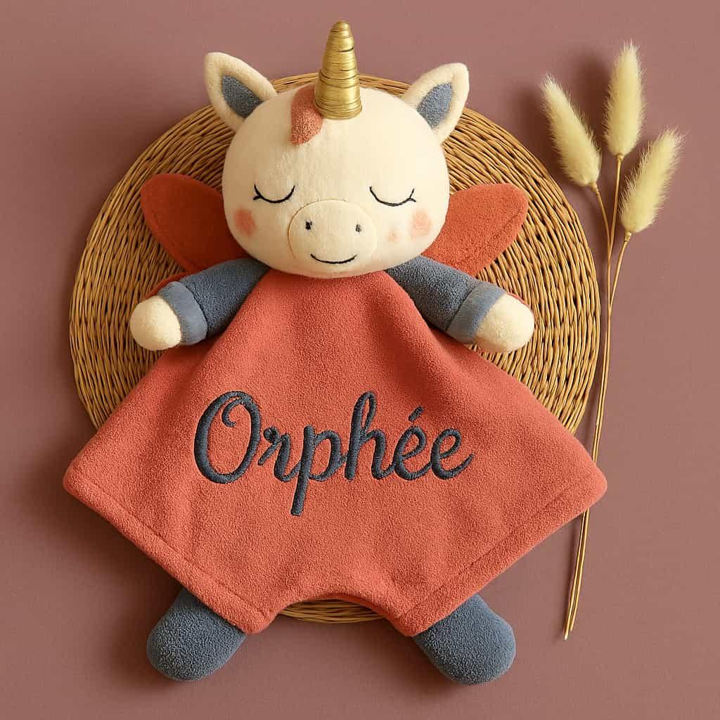 Doudou licorne original personnalisé avec le prénom Orphée, cadeau de naissance