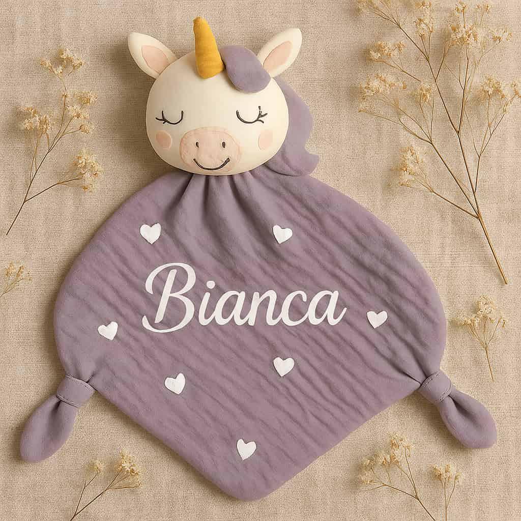 Doudou licorne violet personnalisé au prénom Bianca