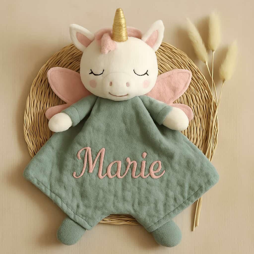 Doudou licorne personnalisé avec le prénom Marie cadeau de naissance
