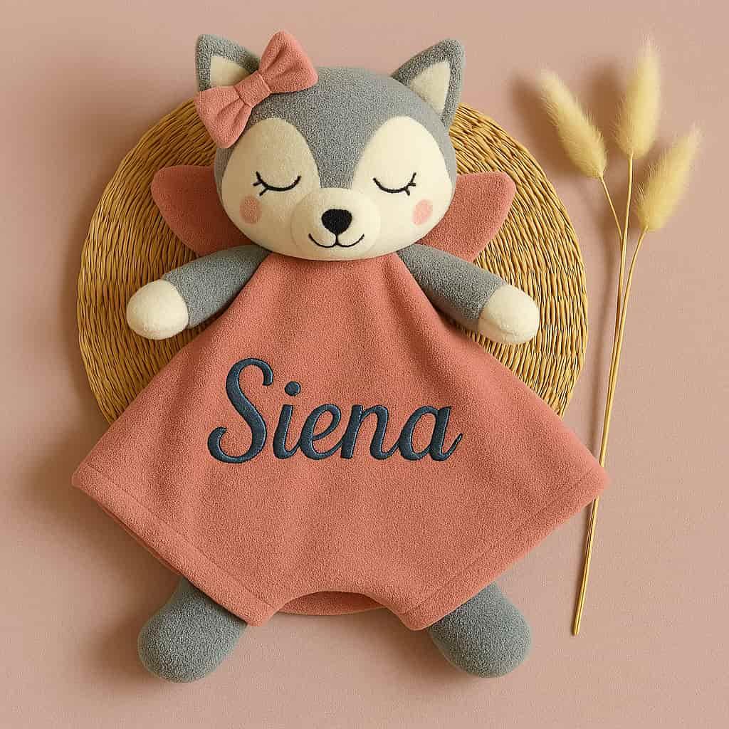 Doudou loup personnalisé prénom Siena, cadeau de naissance doux et original