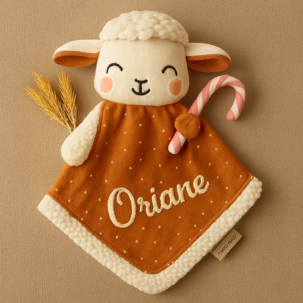 Doudou mouton artisanal personnalisé avec le prénom Oriane, cadeau bébé doux et poétique