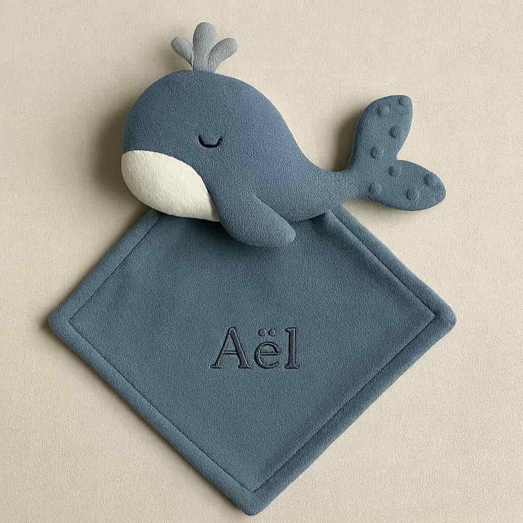 Doudou baleine personnalisé avec le prénom Aël