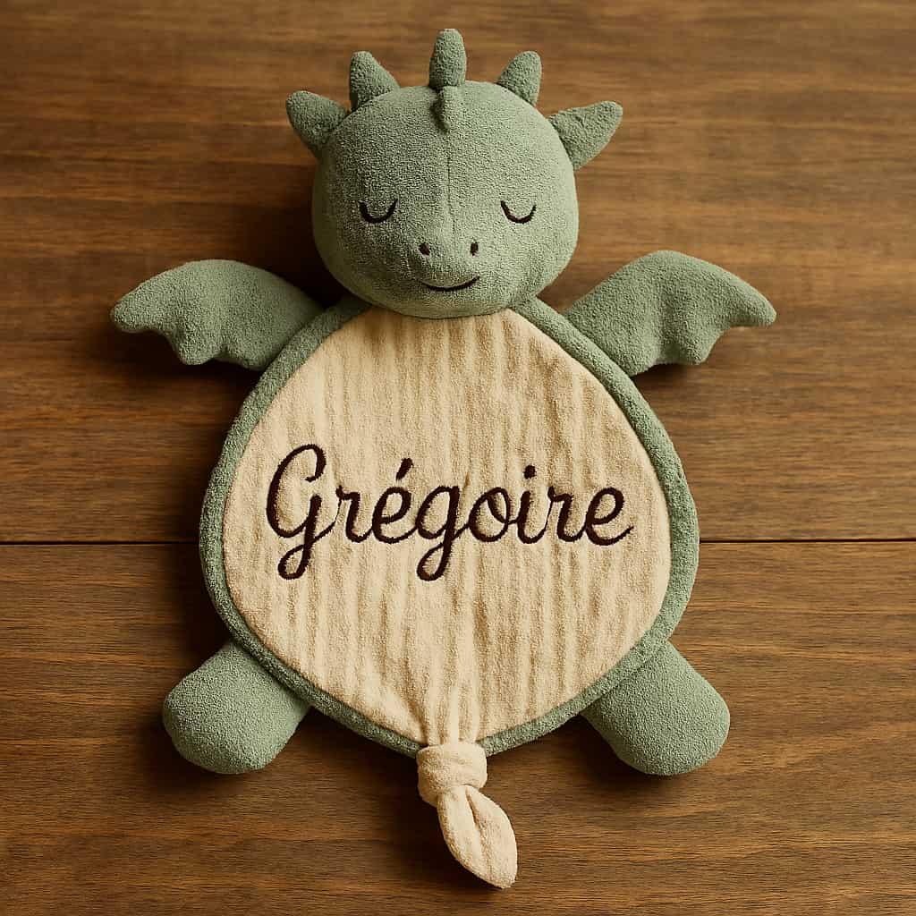 Doudou peluche dragon personnalisé avec le prénom Grégoire