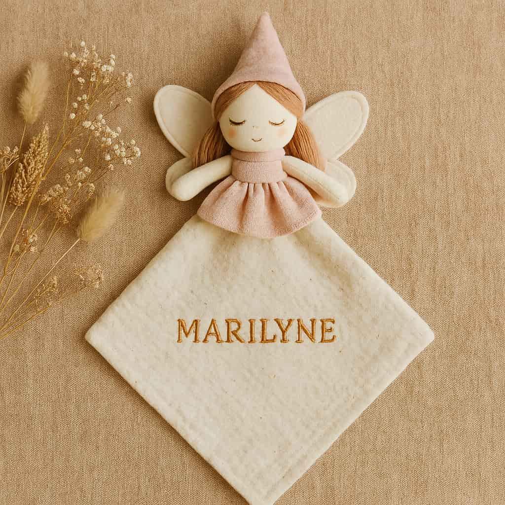 Doudou petite fée personnalisée avec le prénom Marilyne couleurs douces