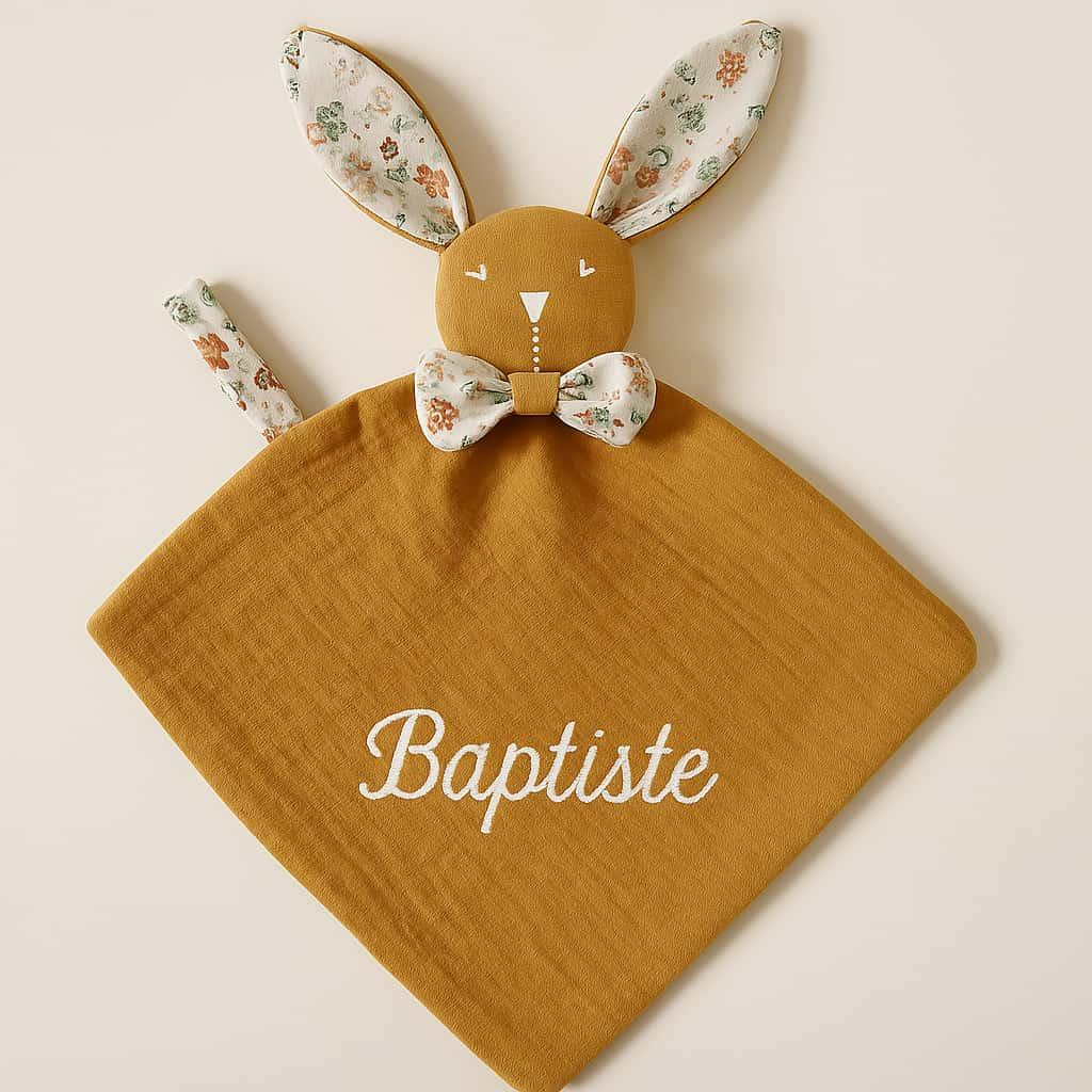 Doudou plat artisanal thème lapin personnalisé avec le prénom Baptiste couleur moutarde
