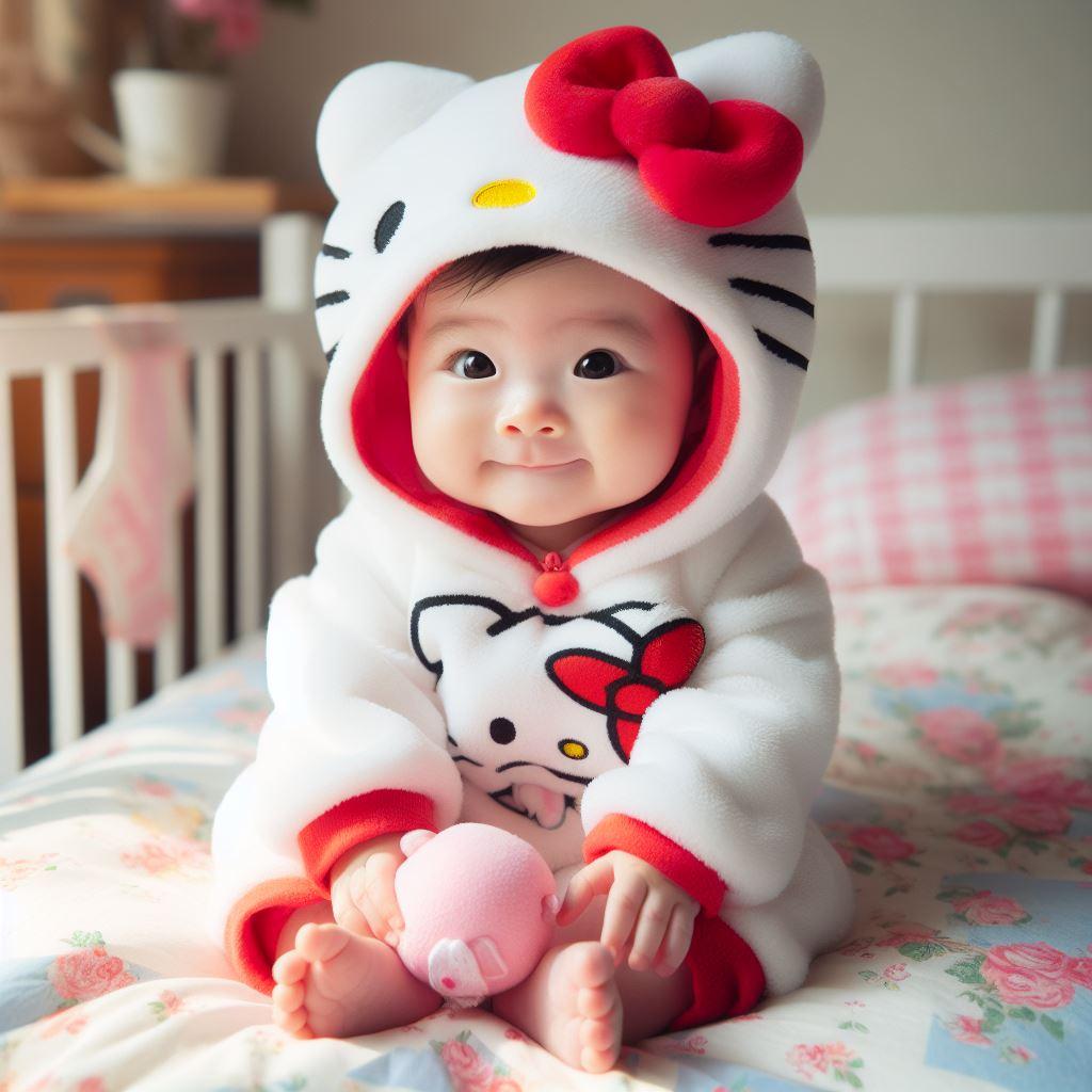 Petit bébé fille habillée en tenue Hello Kitty, trop mignonne, assise sur son lit