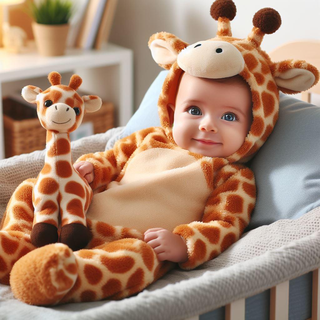 bébé habillé en girafe, il est assis et sourit