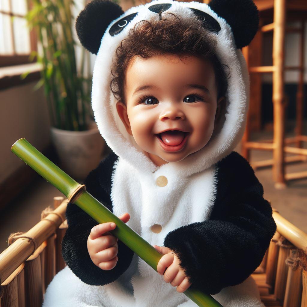 bébé habillé en panda, il est assis et rigole avec un bambou dans la main