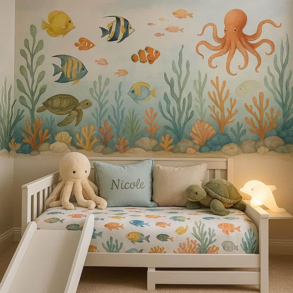 Espace bebe theme mer lit tobogan blanc avec draps motif poisson coussins doux dont un brode nicole papier paint mural poetique colore poissons tropicaux algues coraux et coquillag