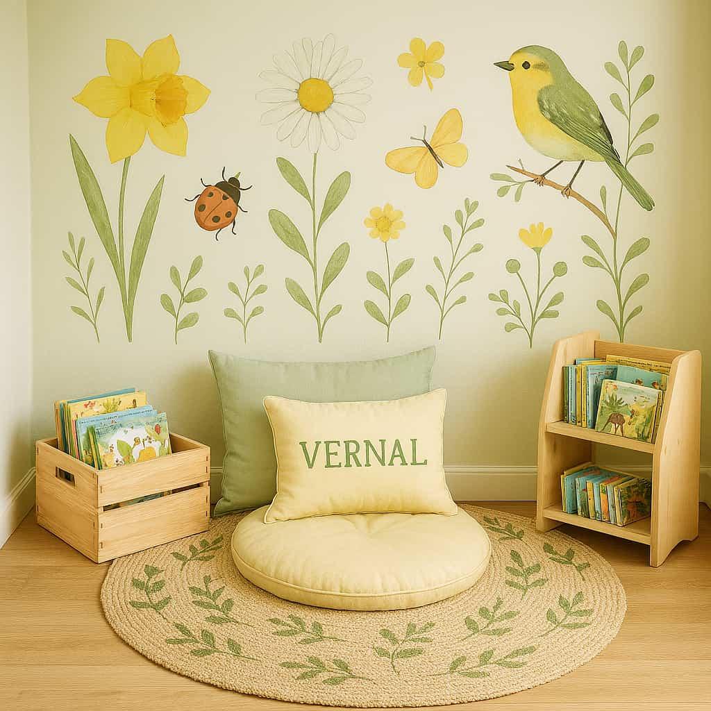 Espace de détente pour enfant sur le thème du printemps avec le prénom Vernal, peinture murale fleurs et insectes