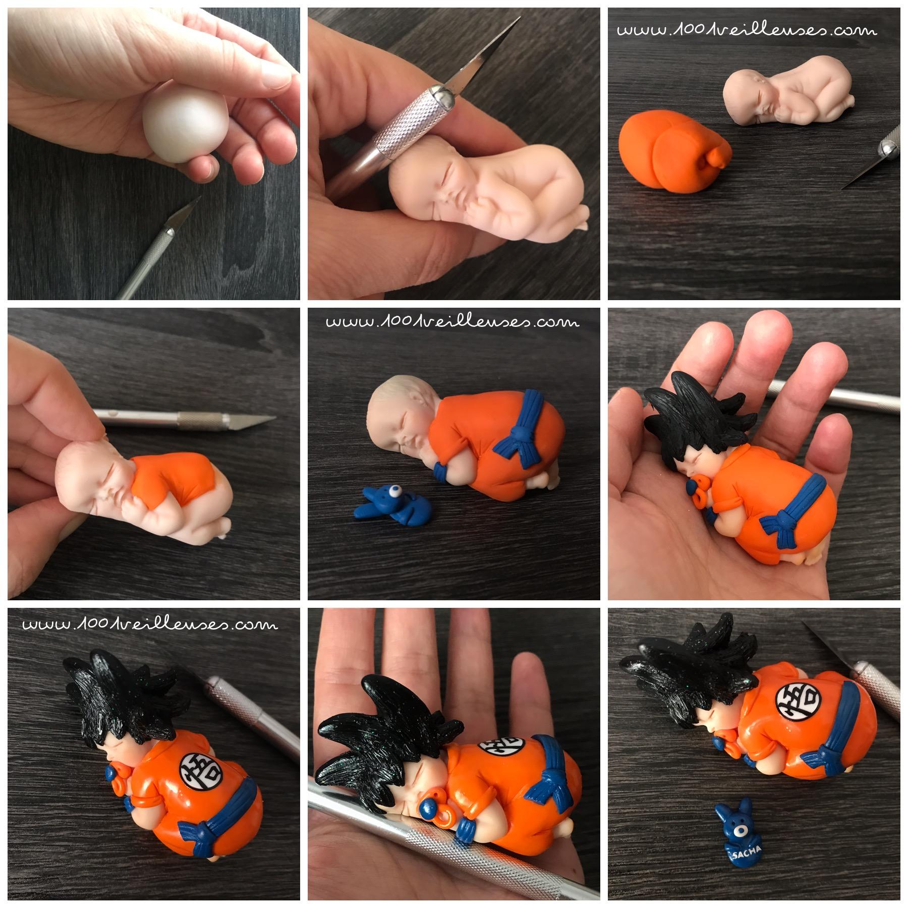 Steps in the creation of the Dragon Ball Goku Fimo baby figurine