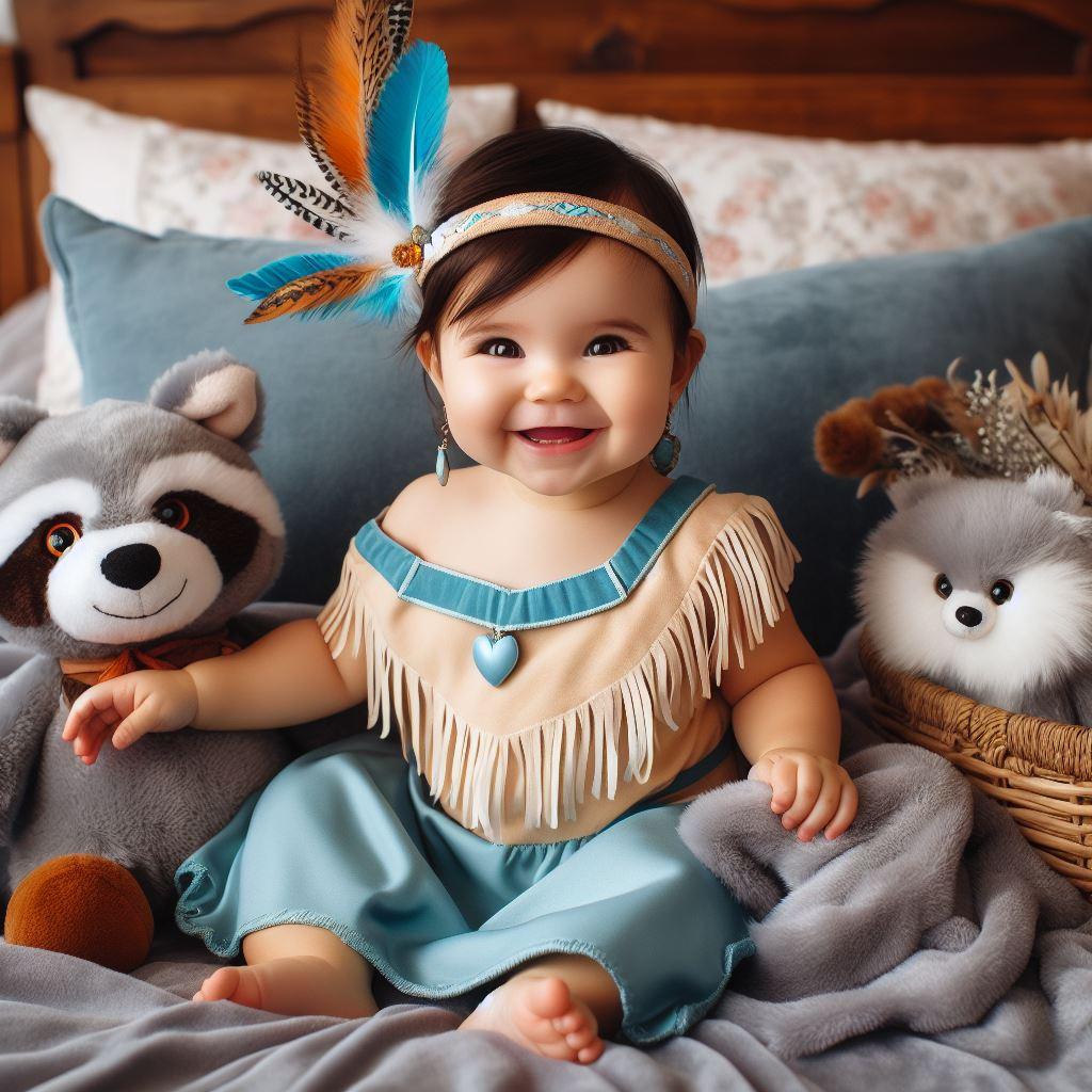 Petit bébé fille habillée en Pocahontas, elle sourit, elle est assise dans sa chambre