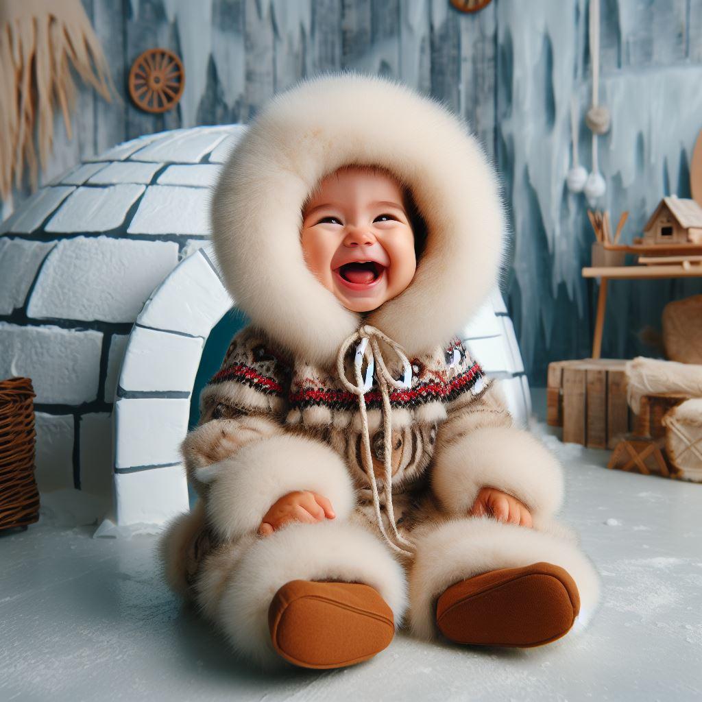 Petit bébé habillé en inuit assis dans sa chambre, en train de rire