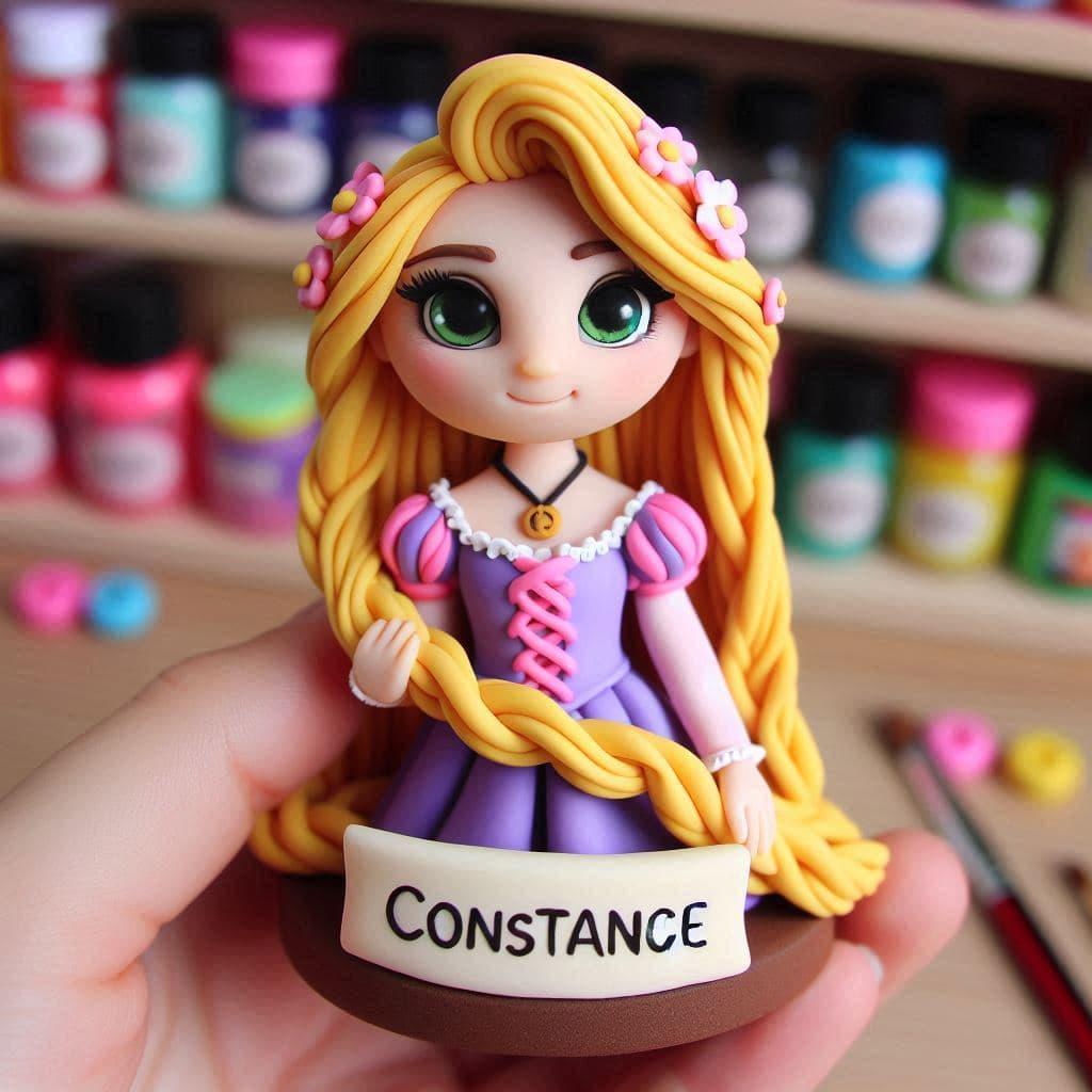 Figurine en fimo raiponce personnalisee avec le prenom constance