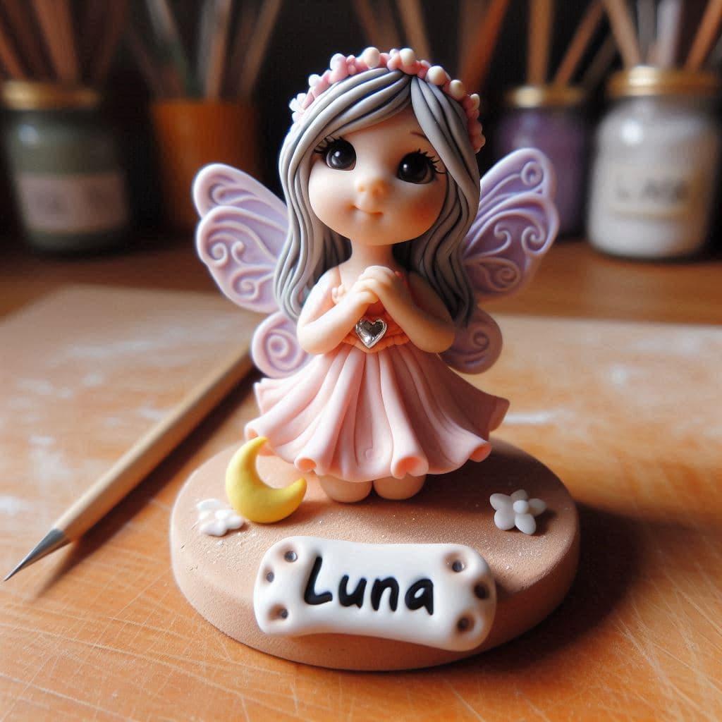 Figurine fee en fimo personnalise avec le prenom luna creation artisanale
