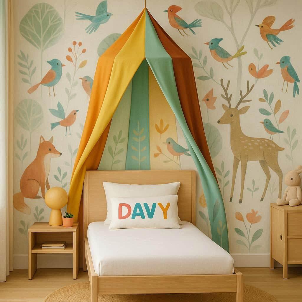 chambre moderne et joyeuse pour petite fille avec lit en bois clair coussin personnalise davy papier peint artistique foret avec animaux stylises ciel de lit