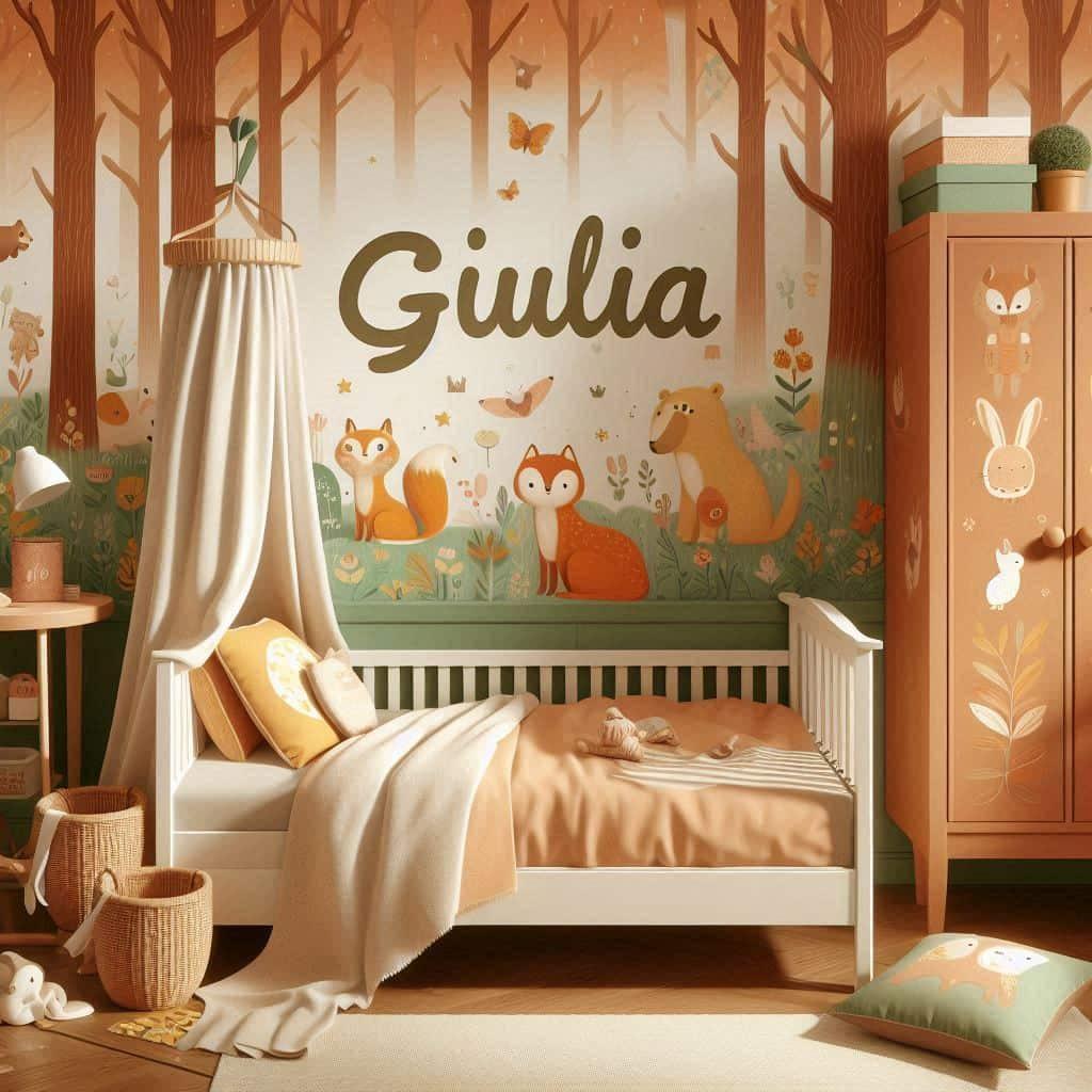 Immersion avec une chambre decoration theme des animaux de la foret avec le prenom giulia