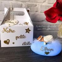 Customized LED night light for baby with illuminated luminous pebble, baby sculpted in fimo dressed as an angel, child's name personalized, with customizable gift box