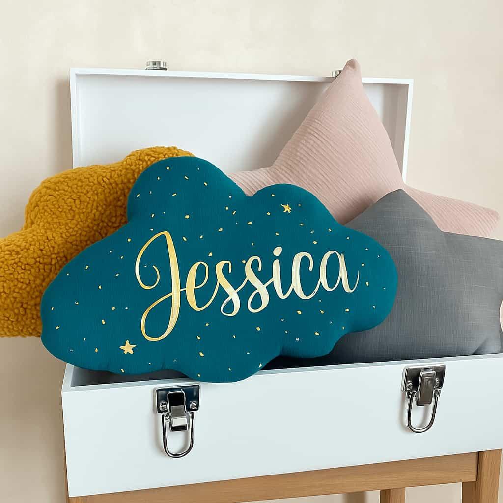 Joli coussin personnalisé bleu avec écrit jessica en doré, cadeau petite fille