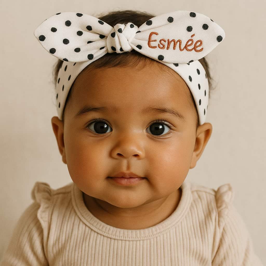 Jolie petite fille avec un bandeau personnalise au nom de esmee