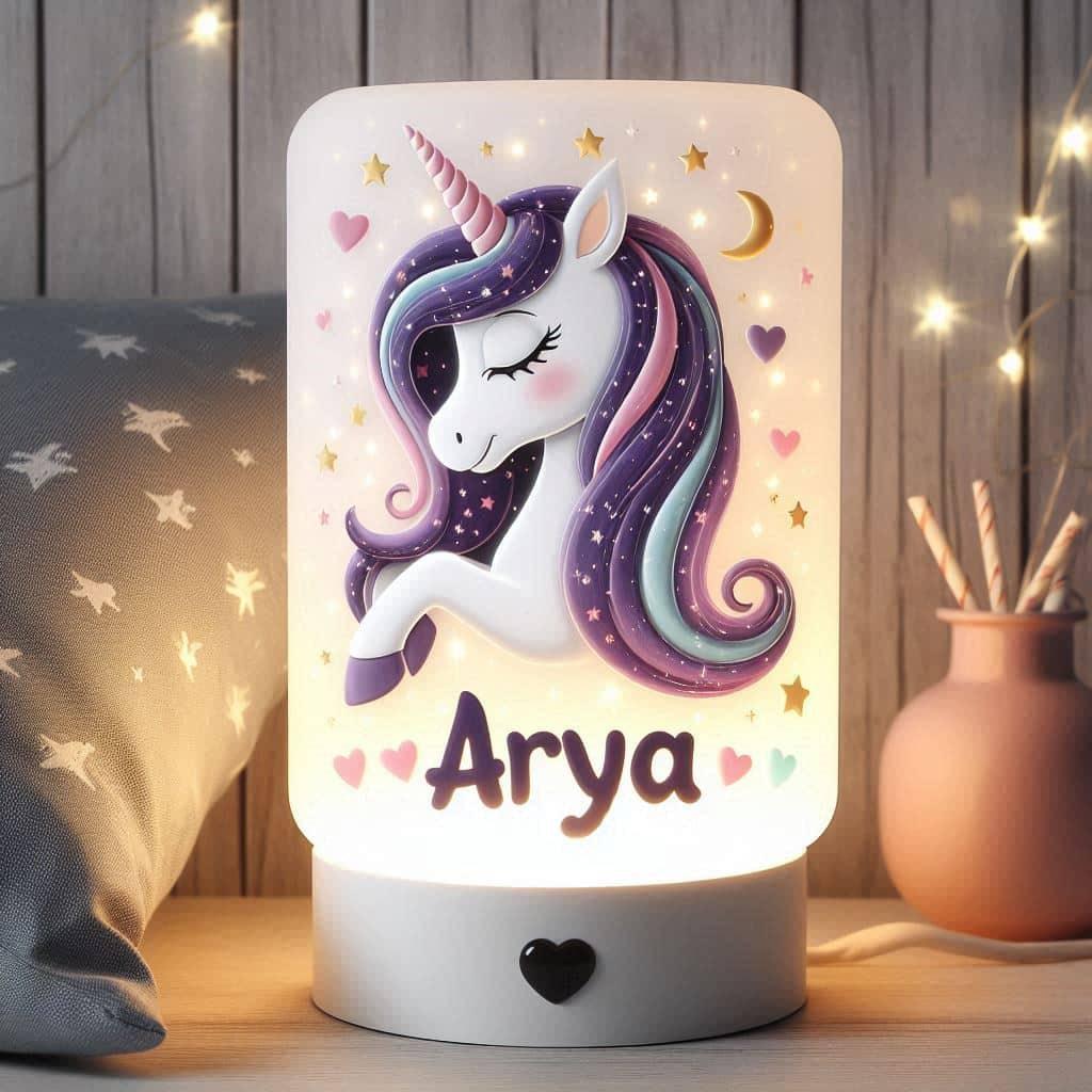 Jolie veilleuse personnalisee acrylique licorne avec le prenom arya